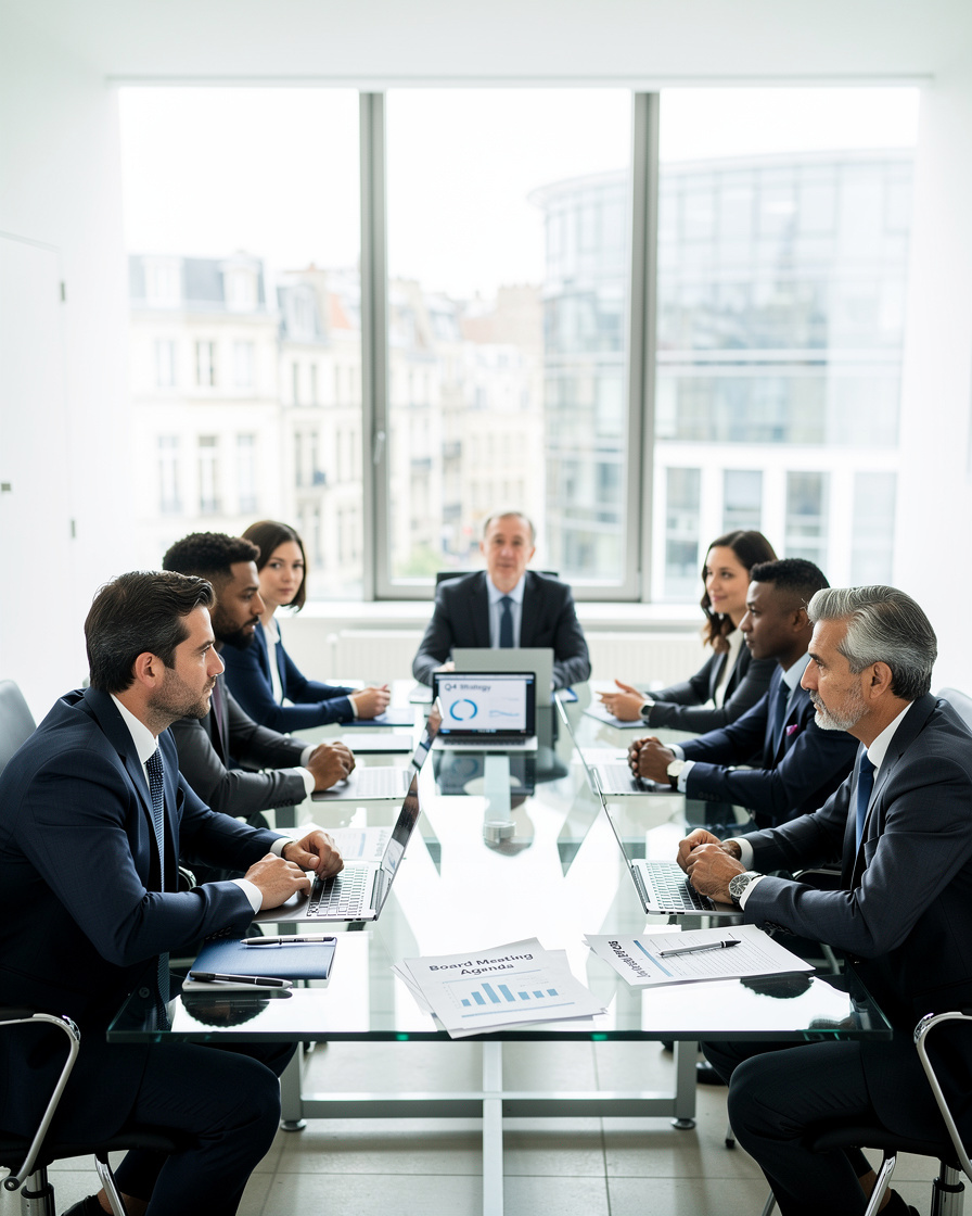 Business leaders discussing corporate strategy around a table in Brussels